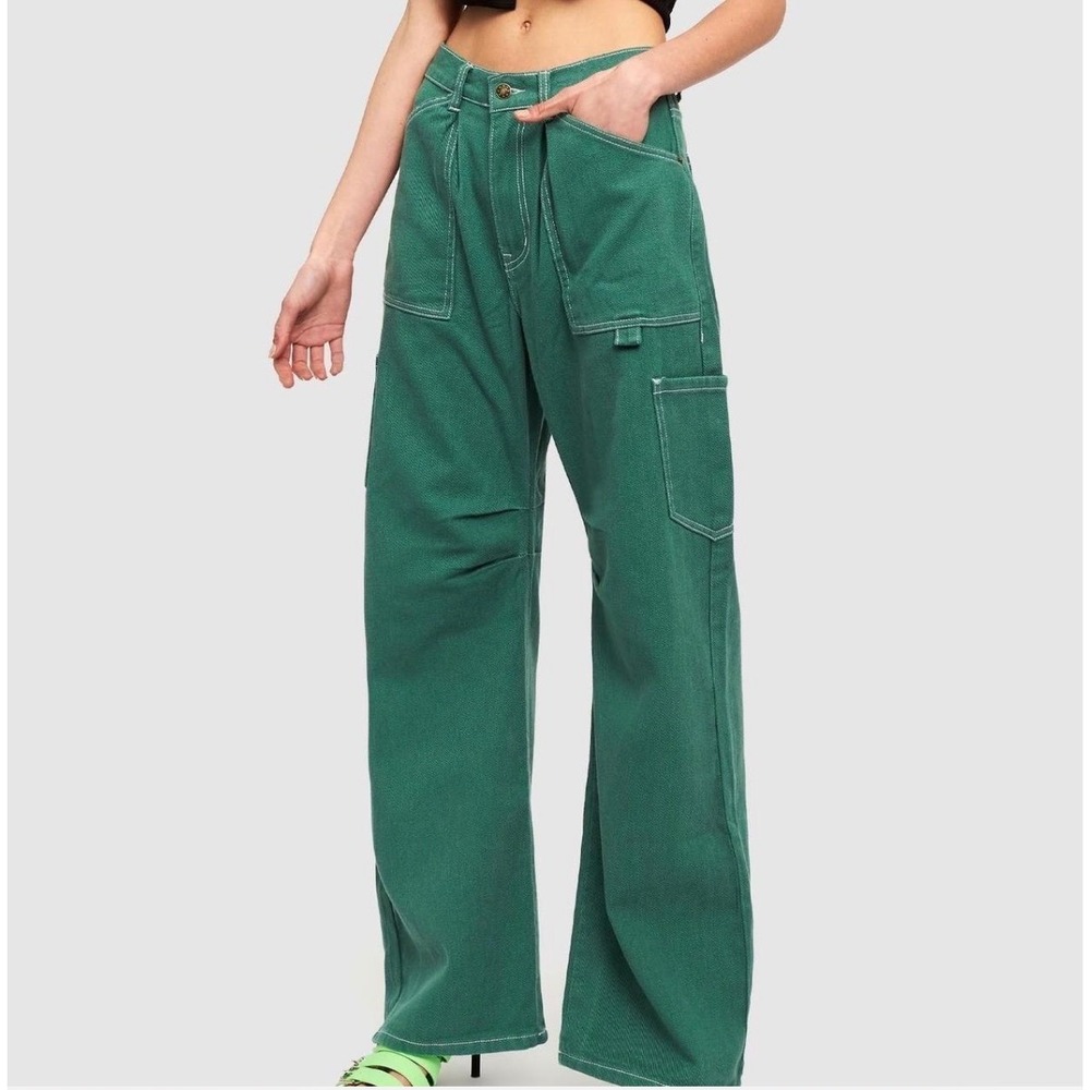 Lioness Miami Vice Green Contrast Stitch Cargo Barrel Leg Carpenter Pants XXS